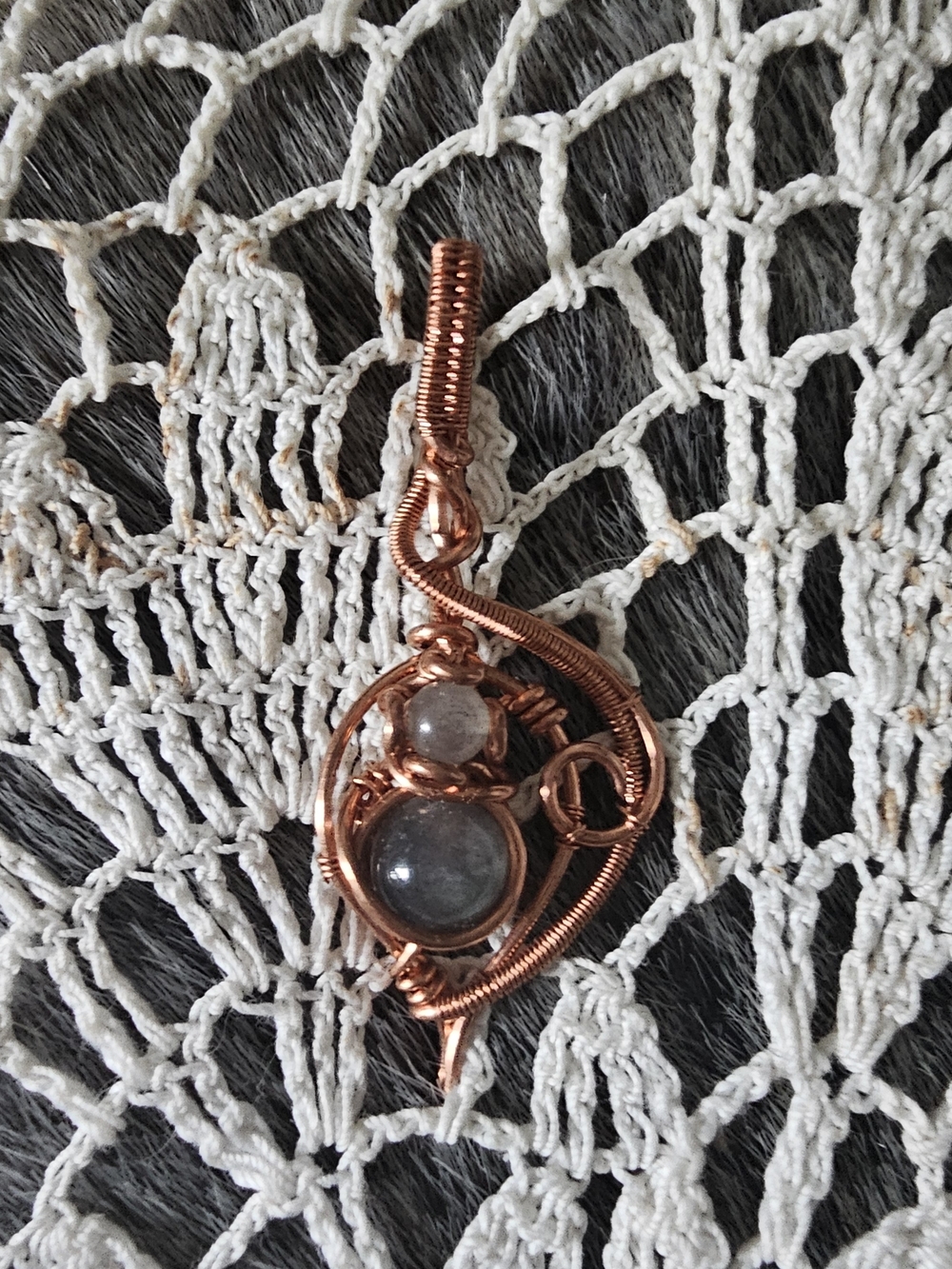 Handcrafted Copper Wire Pendant with Gray Gemstone